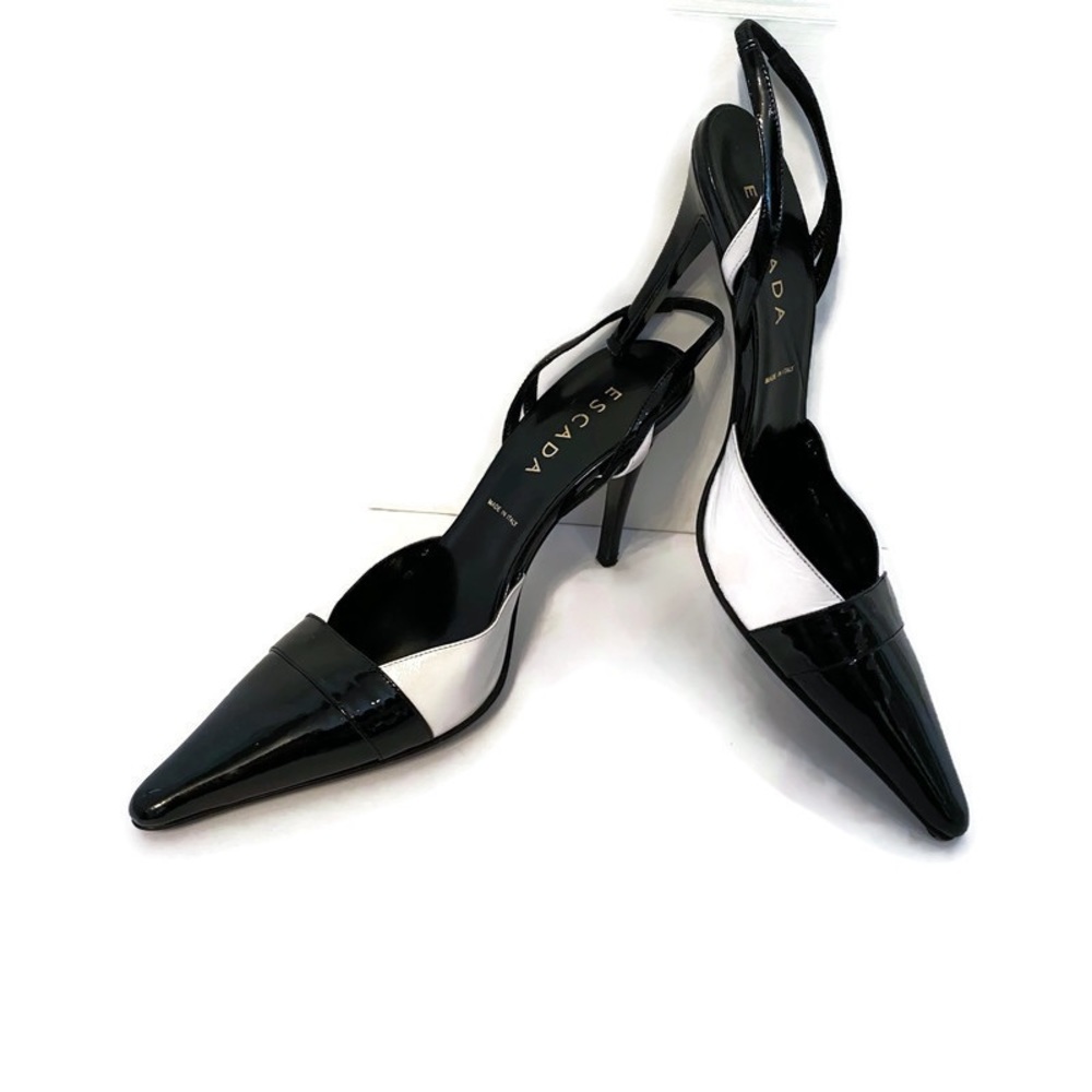 ESCADA SHOES HEELS BLACK WHITE LEATHER ITALY POINTED TOE STRAP SIZE 8.5